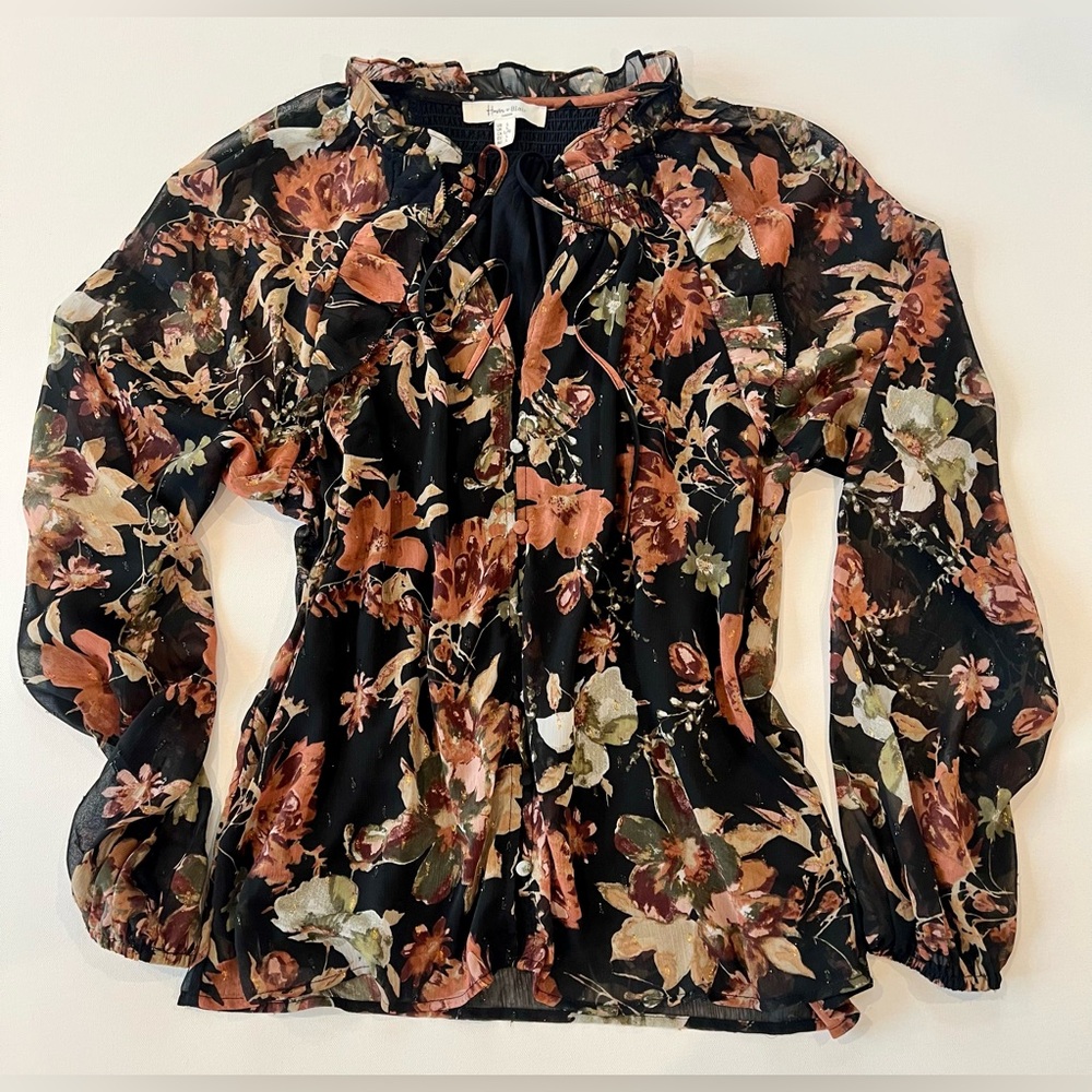 Haver & Blair Boho Flowy Sheer Floral Riffled Blouse Large Black Rust Olive